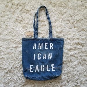American Eagle Jean Tote Bag Blue Distressed Denim Spellout